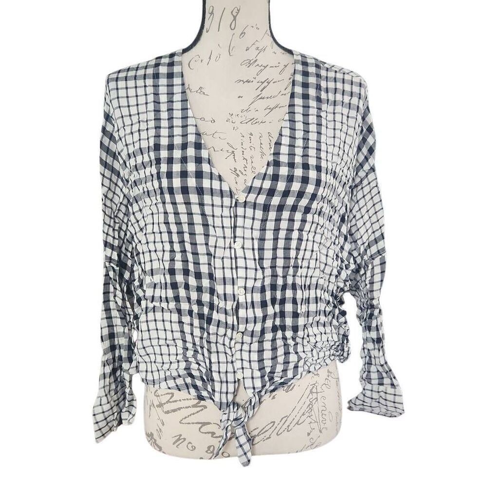 Express Ladies Size Large Black White Plaid V-neck Knot Front Blouse